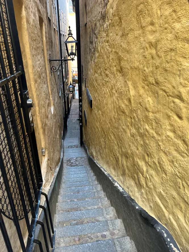 Smal gränd med stensteg nedåt mellan höga, ockragula väggar. Svart gallergrind till vänster och gatlyktor på väggen